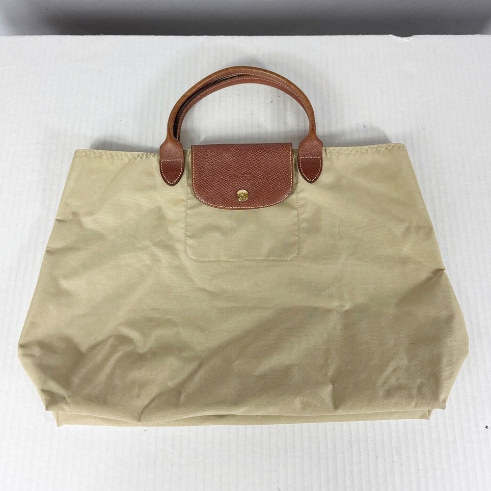 Longchamp Le Pliage Large Shoulder Tote Bag Beige Nylon Brown Leather Trim